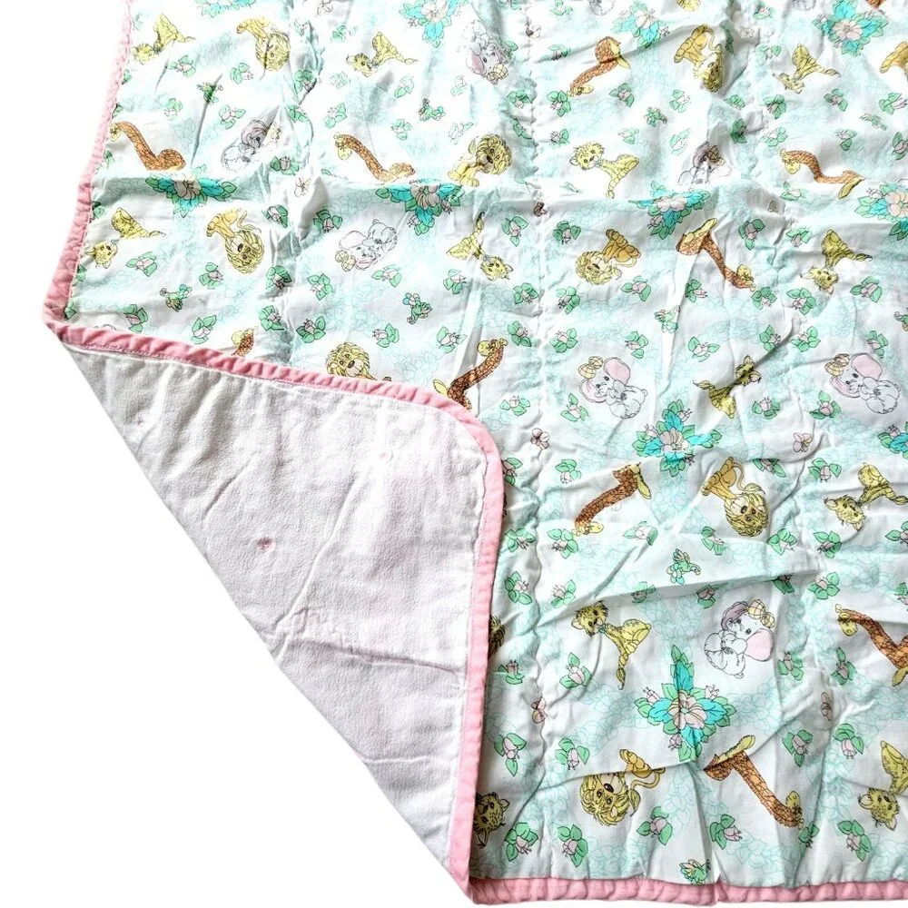 VTG Precious Moments Animal Baby Quilt Blanket‎ Flowers Pink Flannel Back 31x41